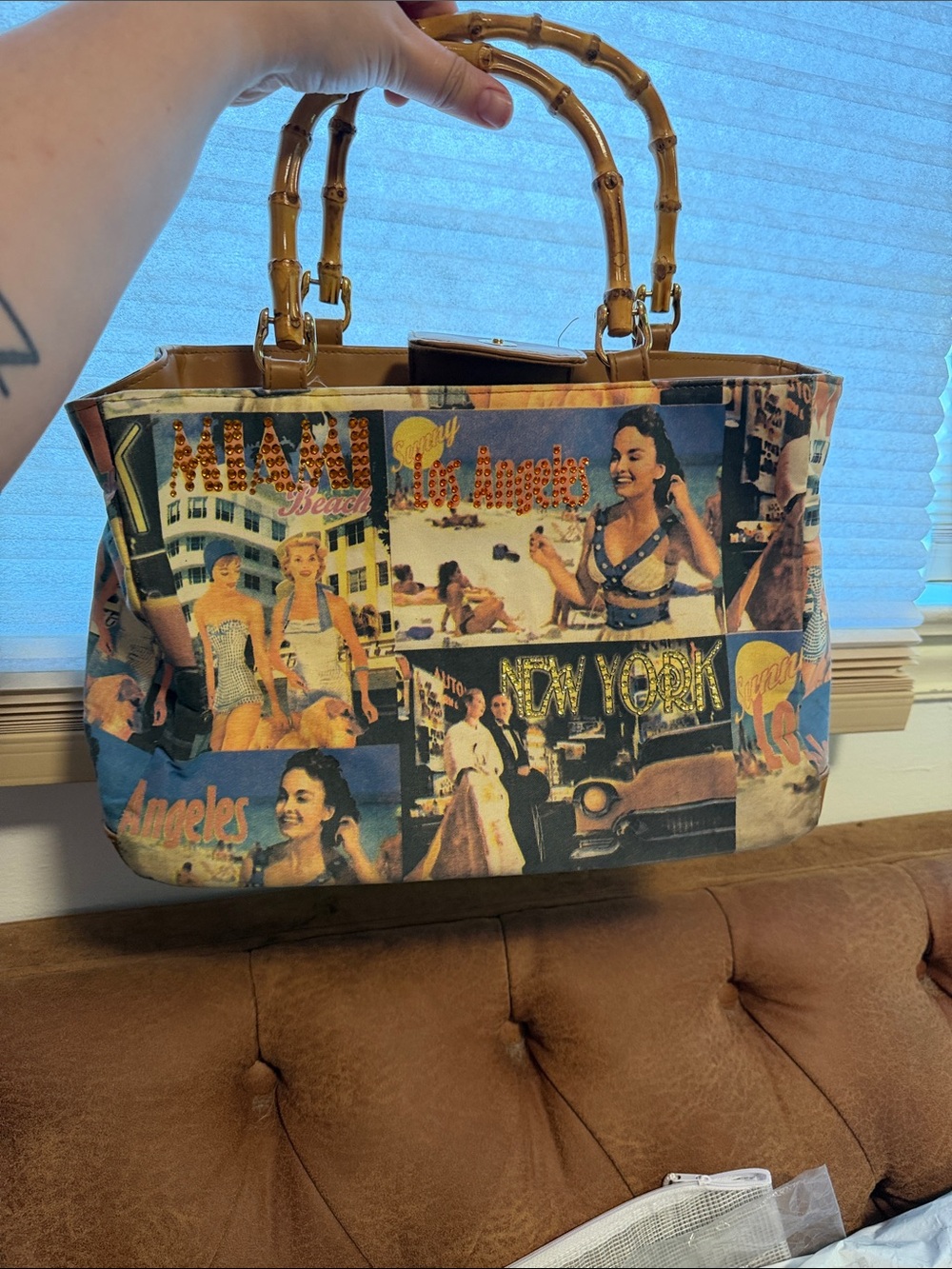 Y2K Vintage Postcard Print Bamboo-Handle Tote Bag - Multicolor